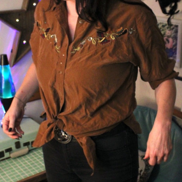 Vintage Brown Silk Embroidered Western Shirt - Picture 6 of 6